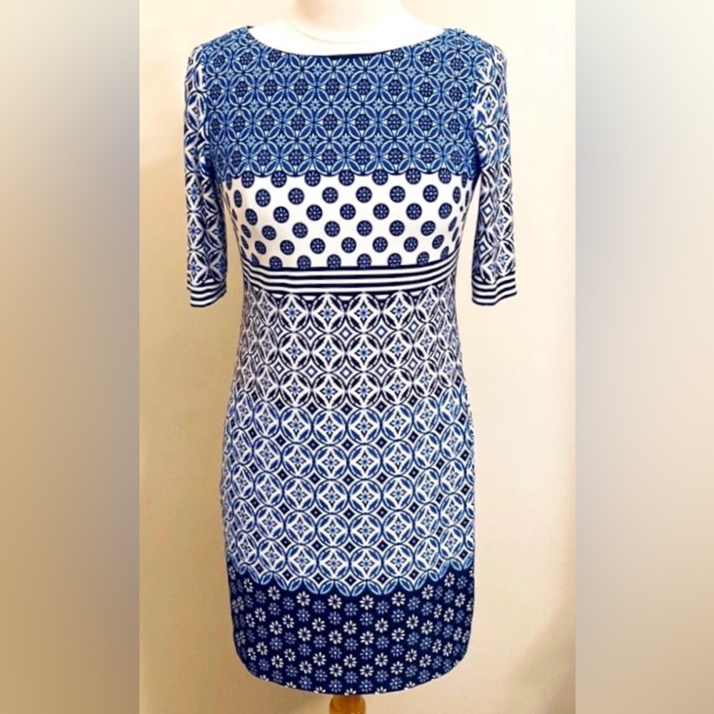 Eliza J Blue White Tile Geometric Print 4 Preppy Chic Modern Mediterranean Dress